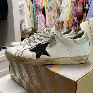 Golden Goose White and Black Glitter Superstar Sneakers